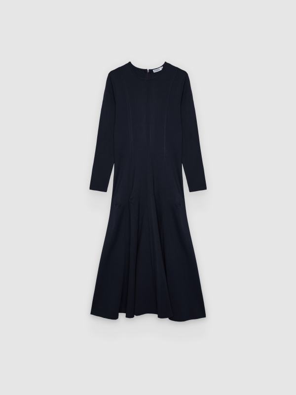  Vestido midi liso evasê azul marinho vista frontal