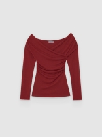 %Pto% Long-sleeve draped crossover top dark garnet front view