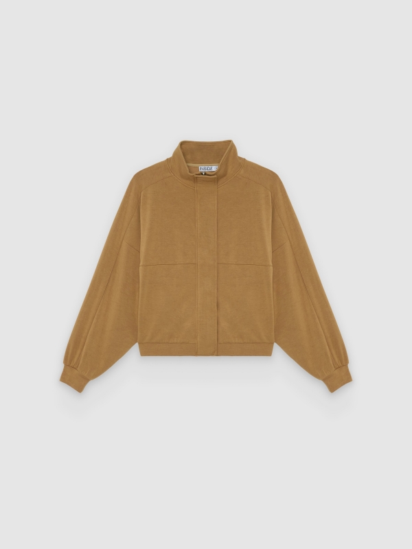  Soft knit jacket with mock neck sand front view
