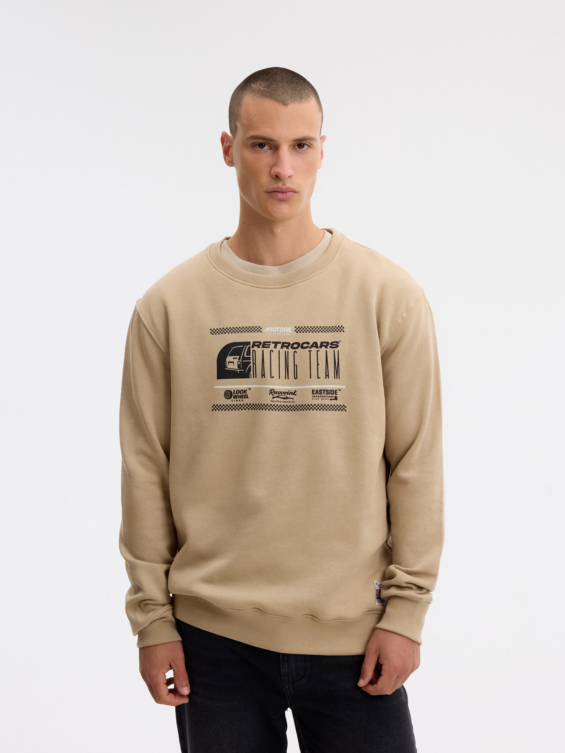 Sudadera estampado motor beige vista media frontal