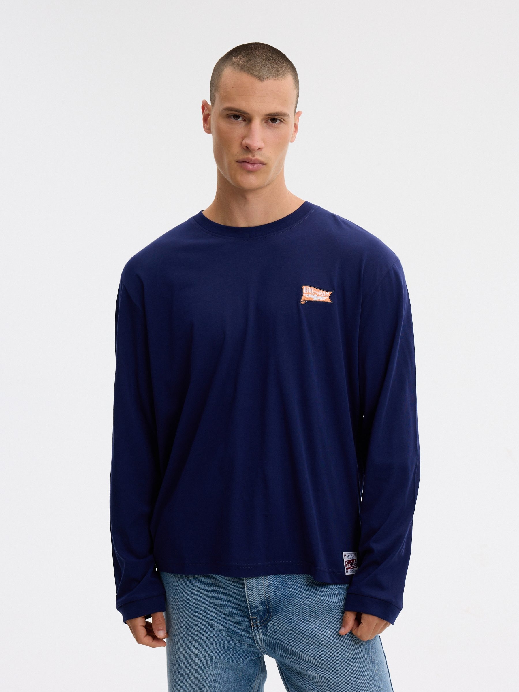 Bike and run print long sleeve T-shirt navy middle front view