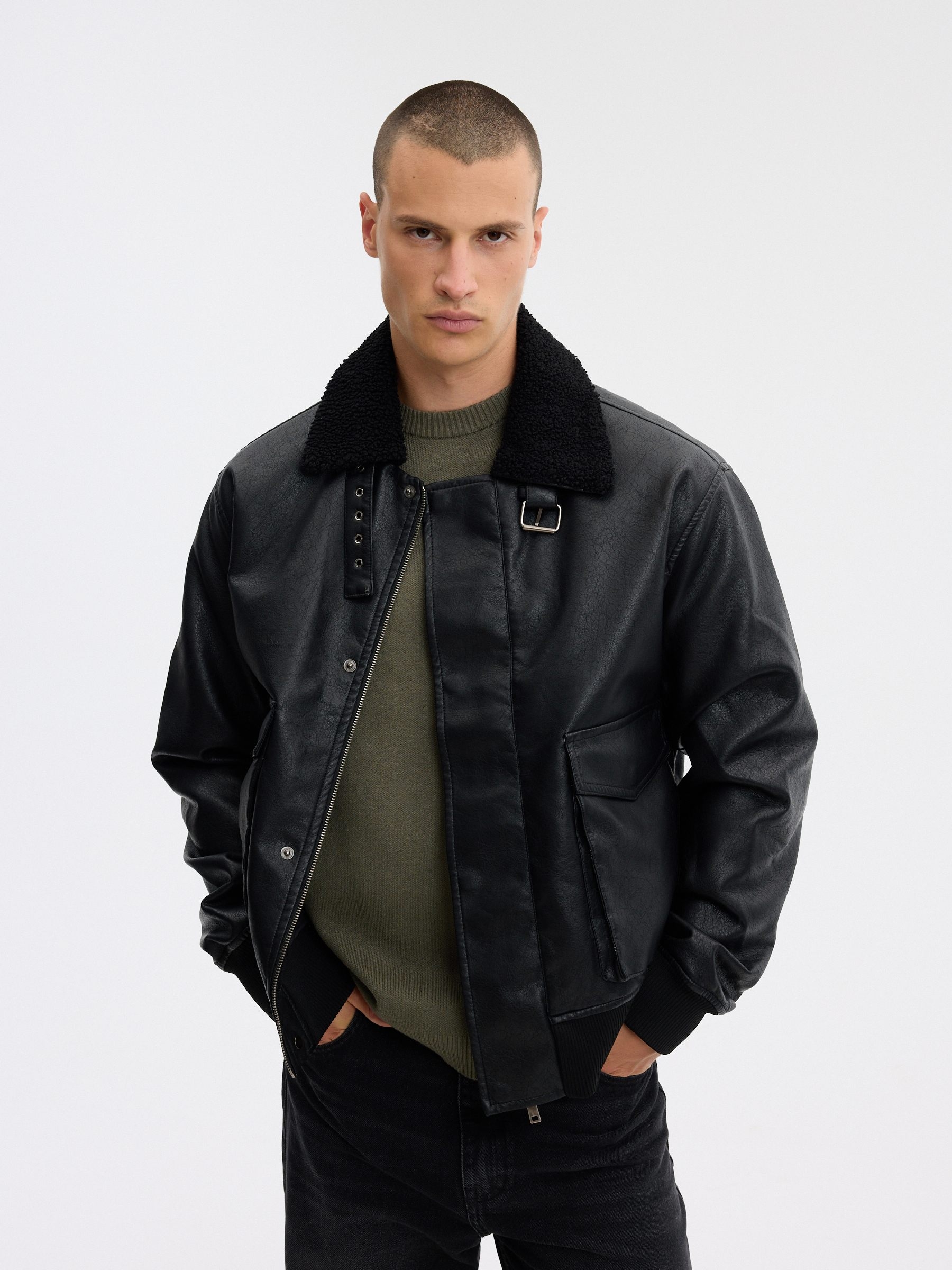 Faux leather jacket with combined collar black middle front view