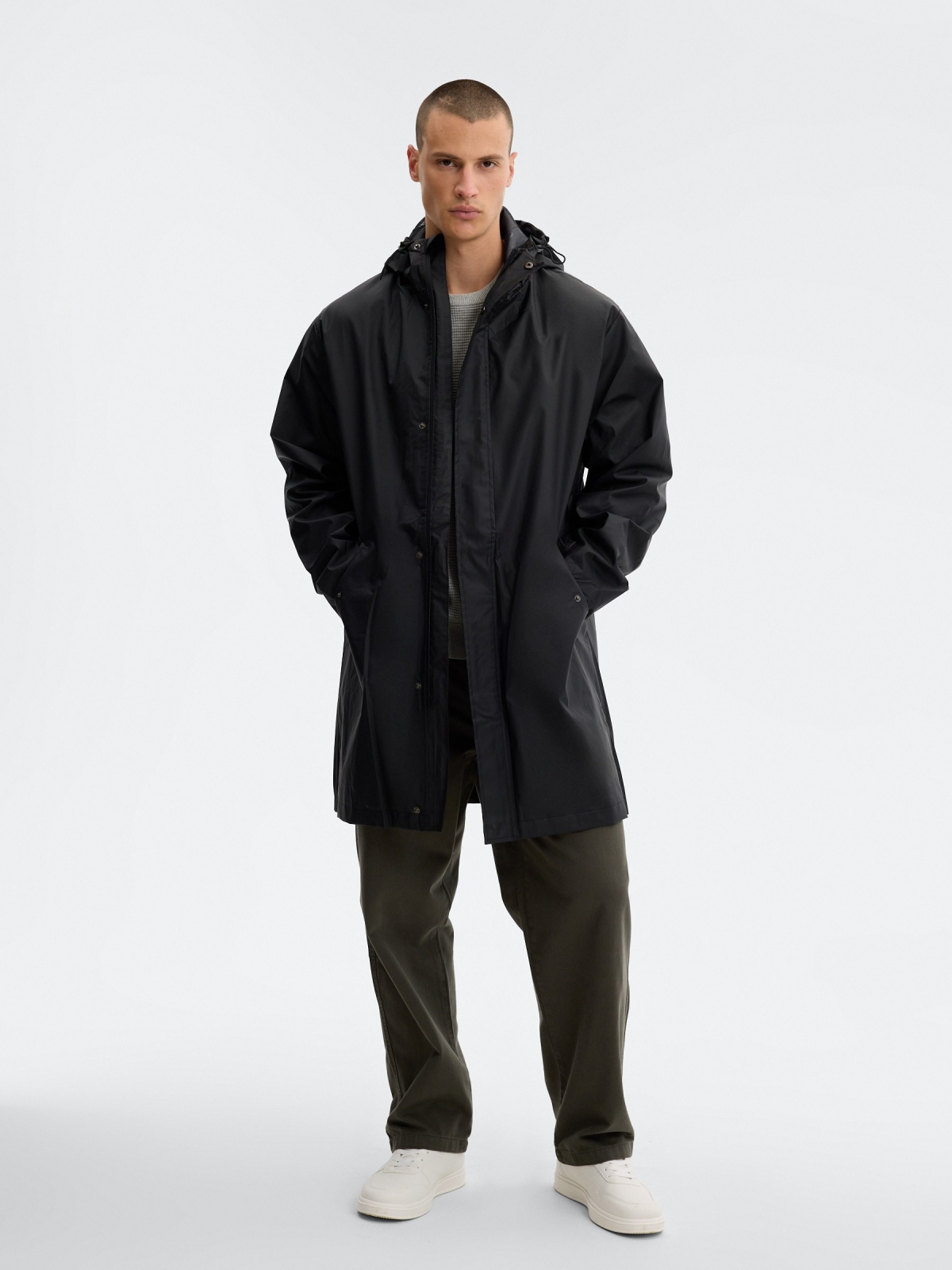 Rubberized fabric parka black middle front view