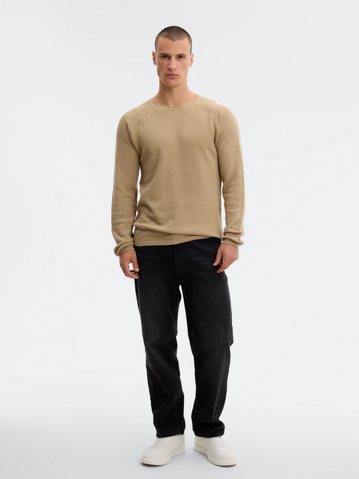 Textured sand knit sweater sand front view