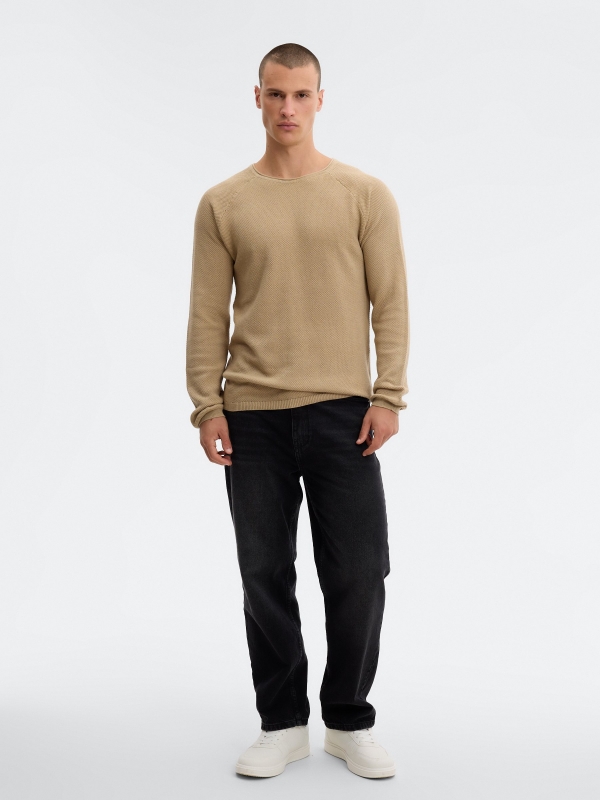 Textured sand knit sweater sand front view