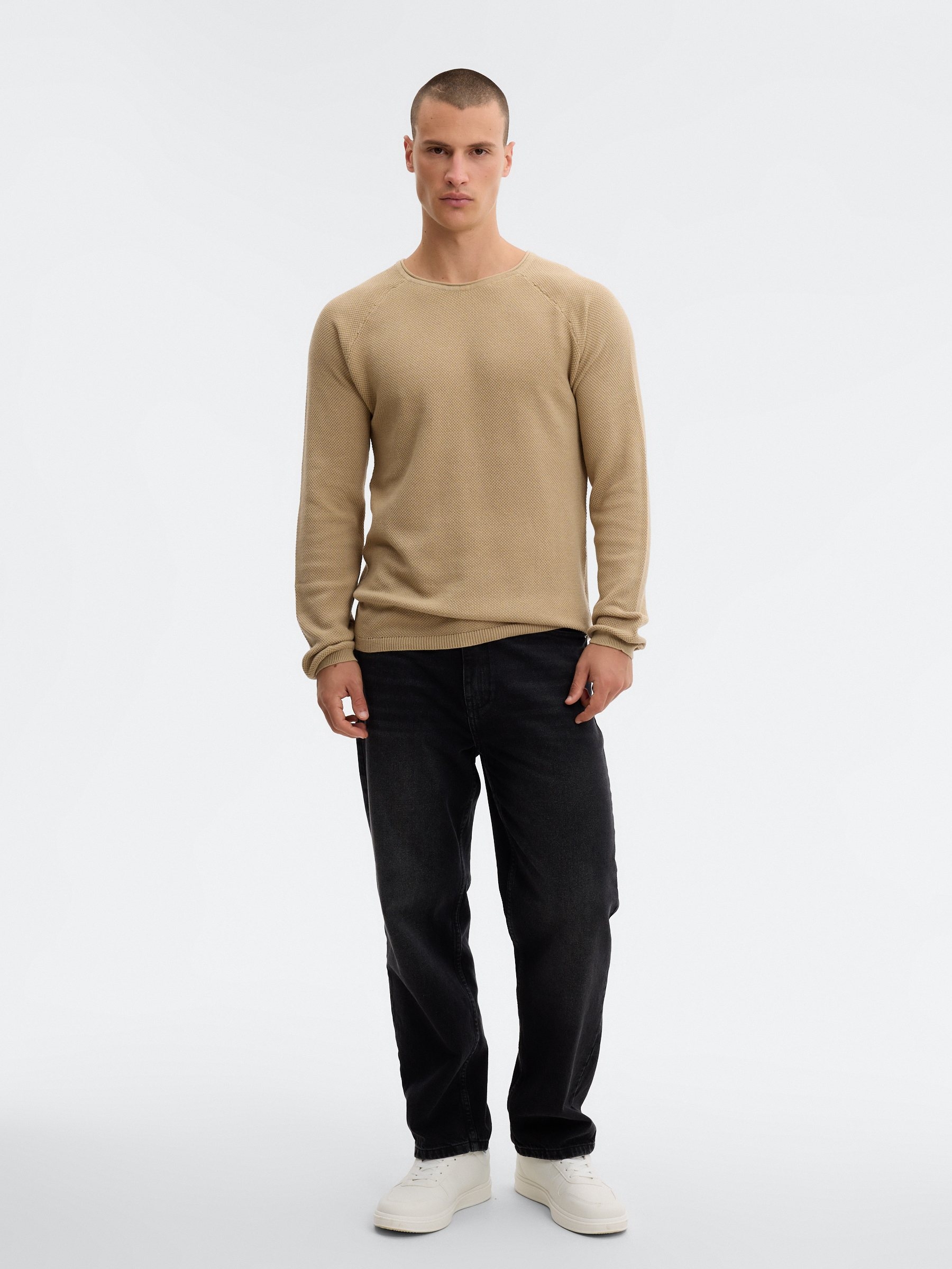 Textured sand knit sweater sand middle front view