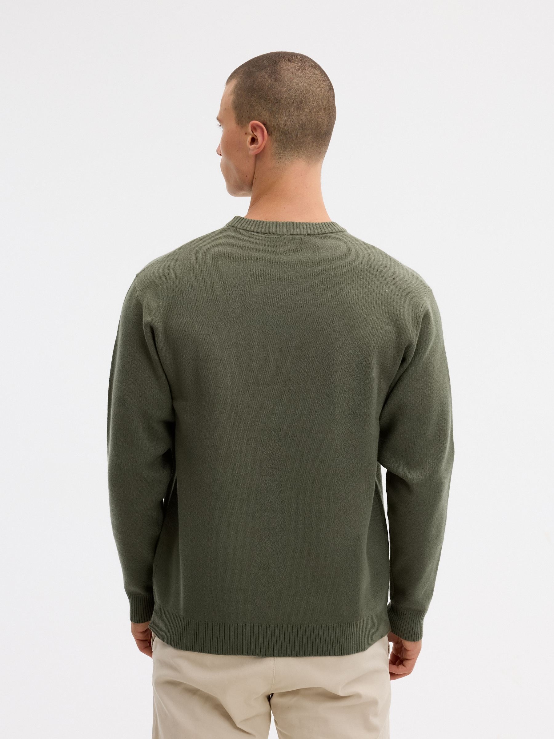 Round Neck Knit Sweater khaki middle front view