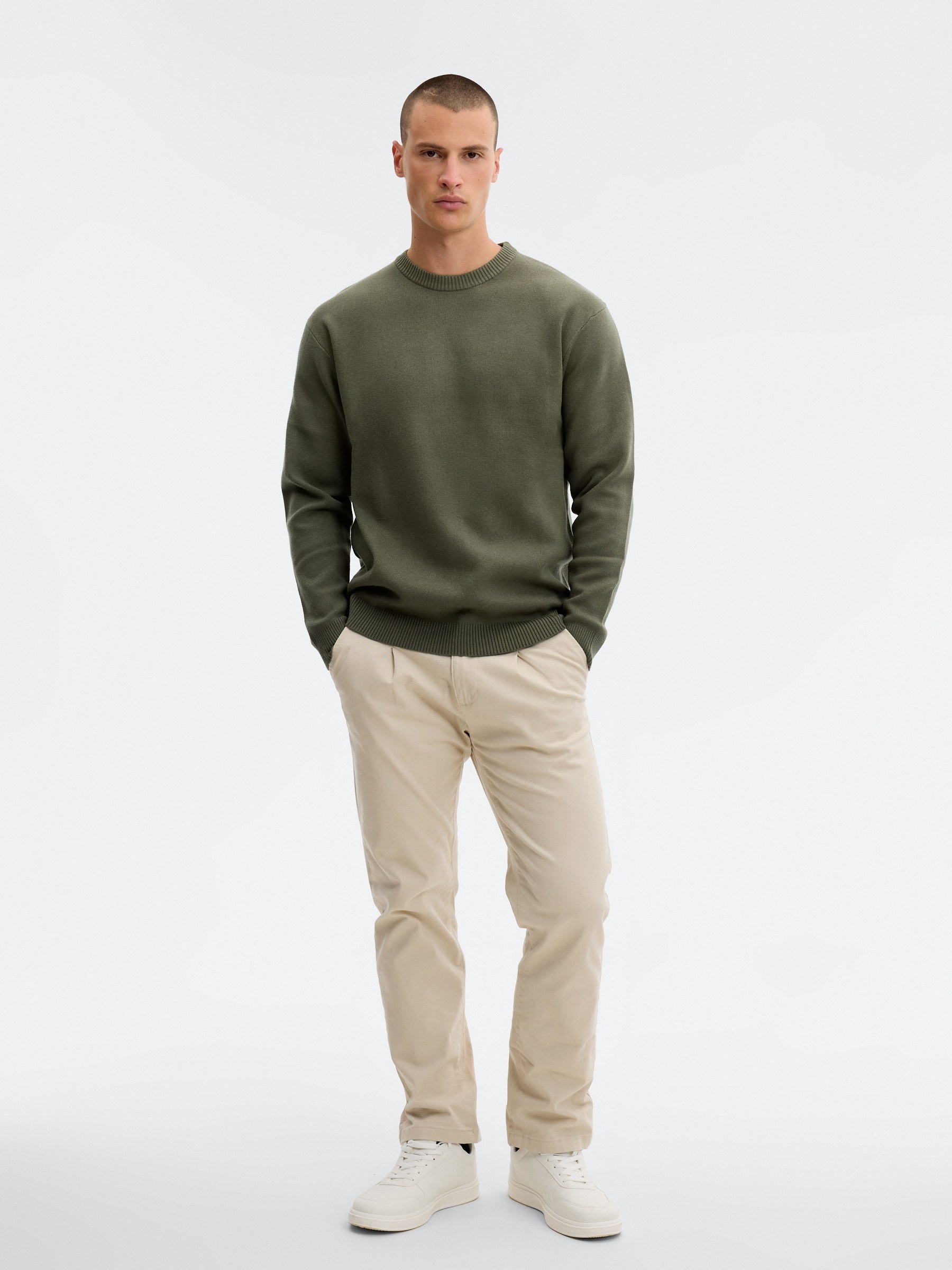 Round Neck Knit Sweater khaki middle front view