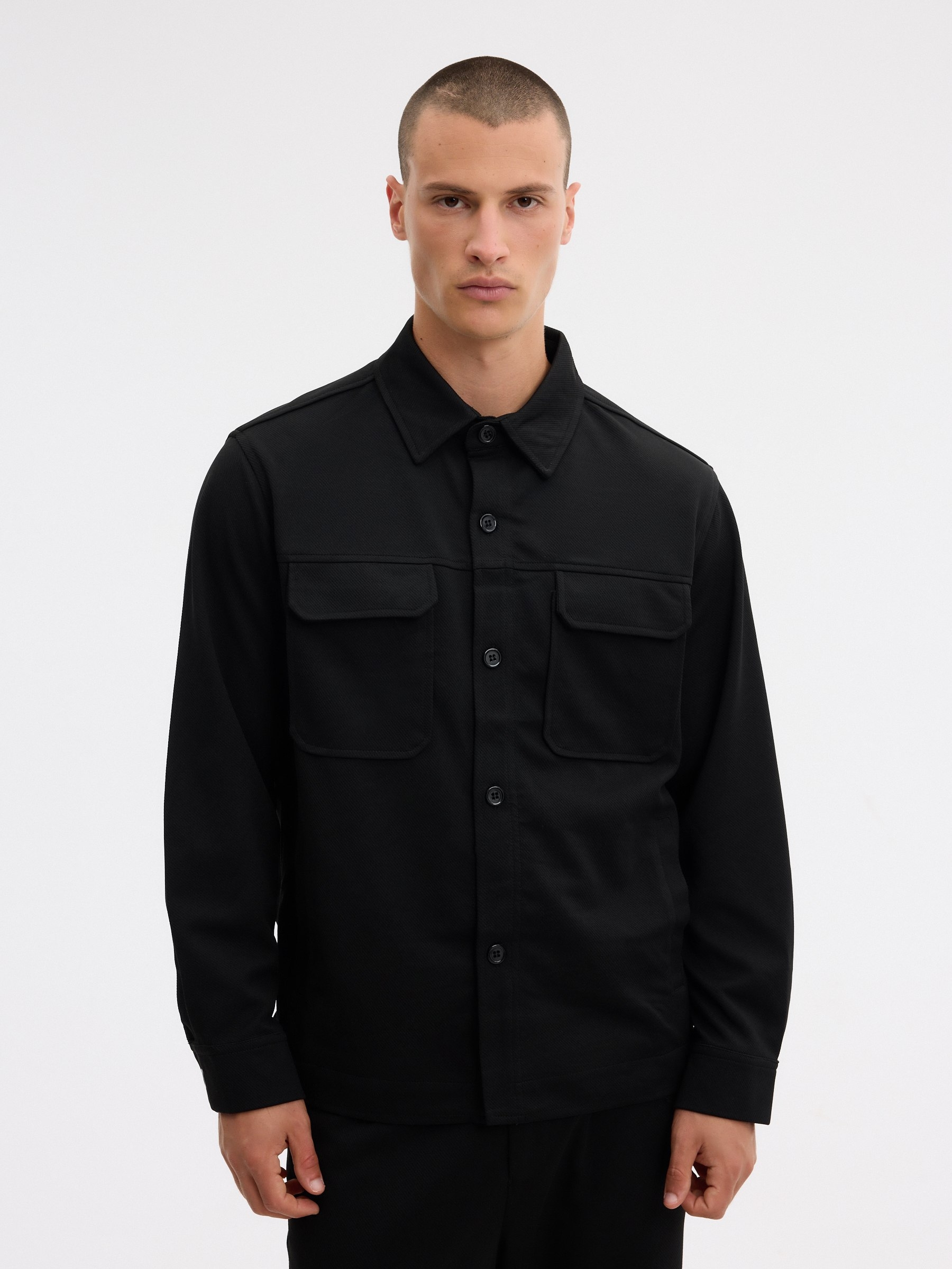 Plain cotton overshirt black middle front view