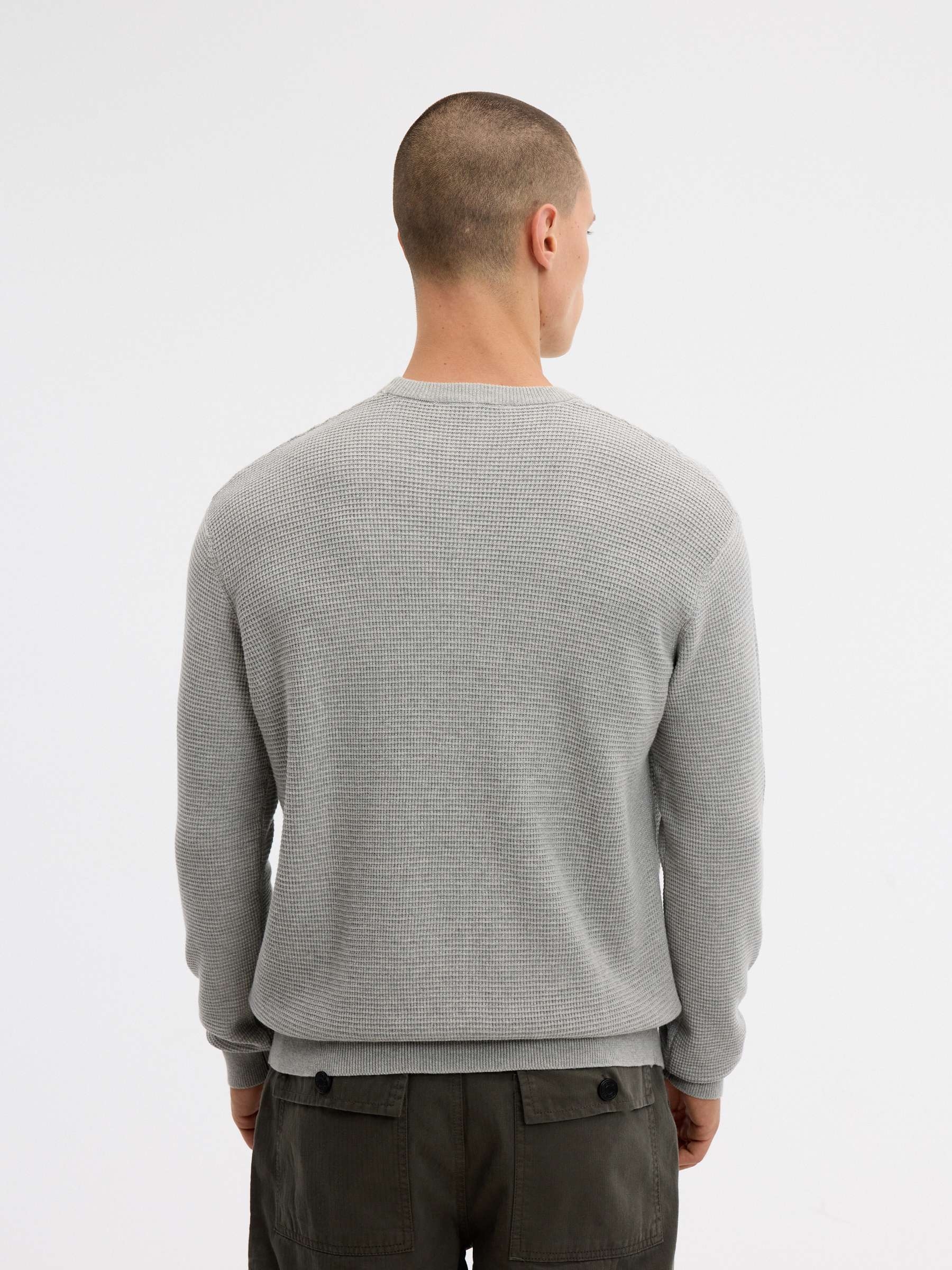 Regular plain-knit crew-neck sweater melange grey middle front view