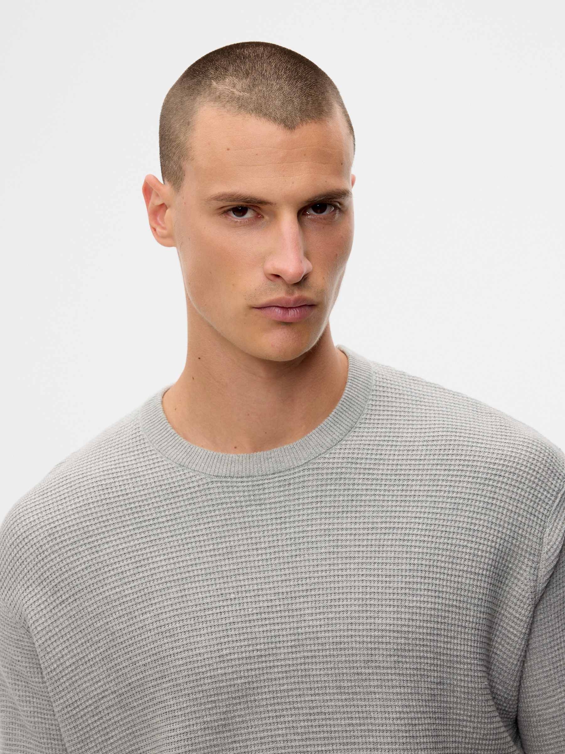 Regular plain-knit crew-neck sweater melange grey middle front view