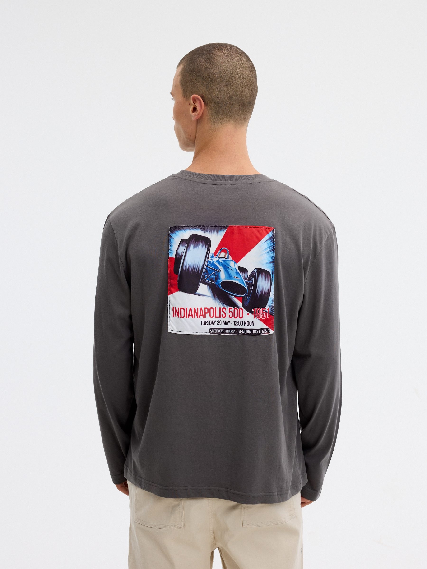Motor print t-shirt medium grey middle front view