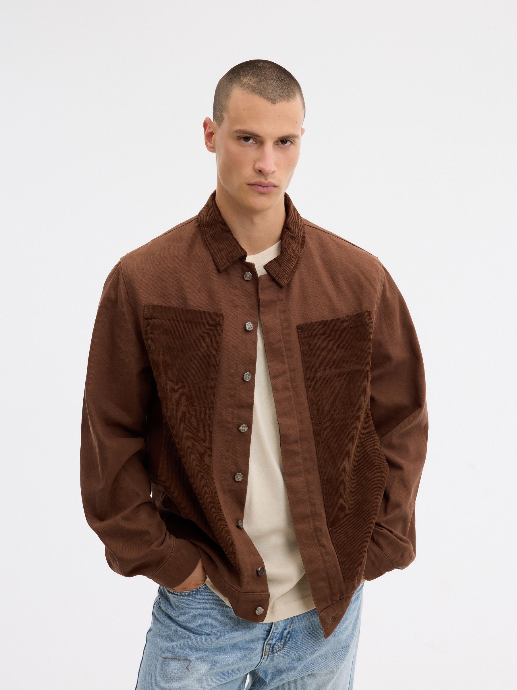 Contrasting corduroy jacket brown middle front view
