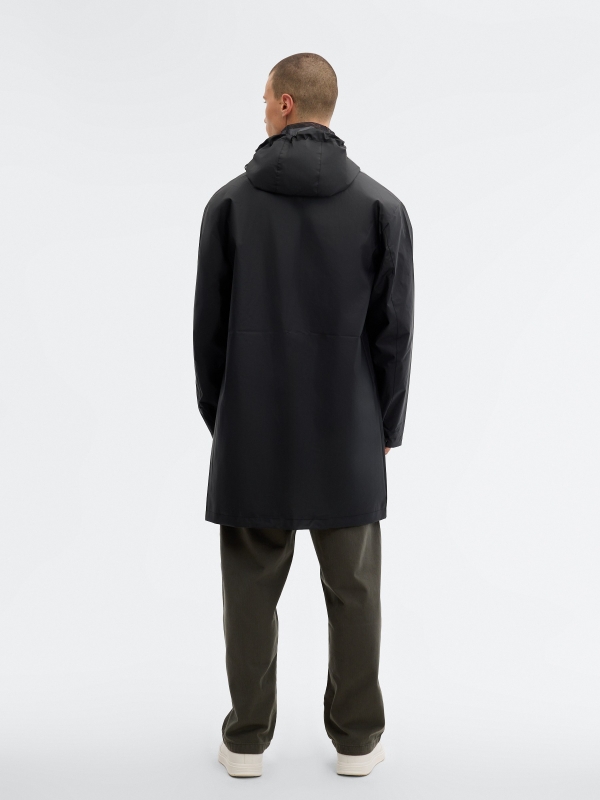 Rubberized fabric parka black middle back view