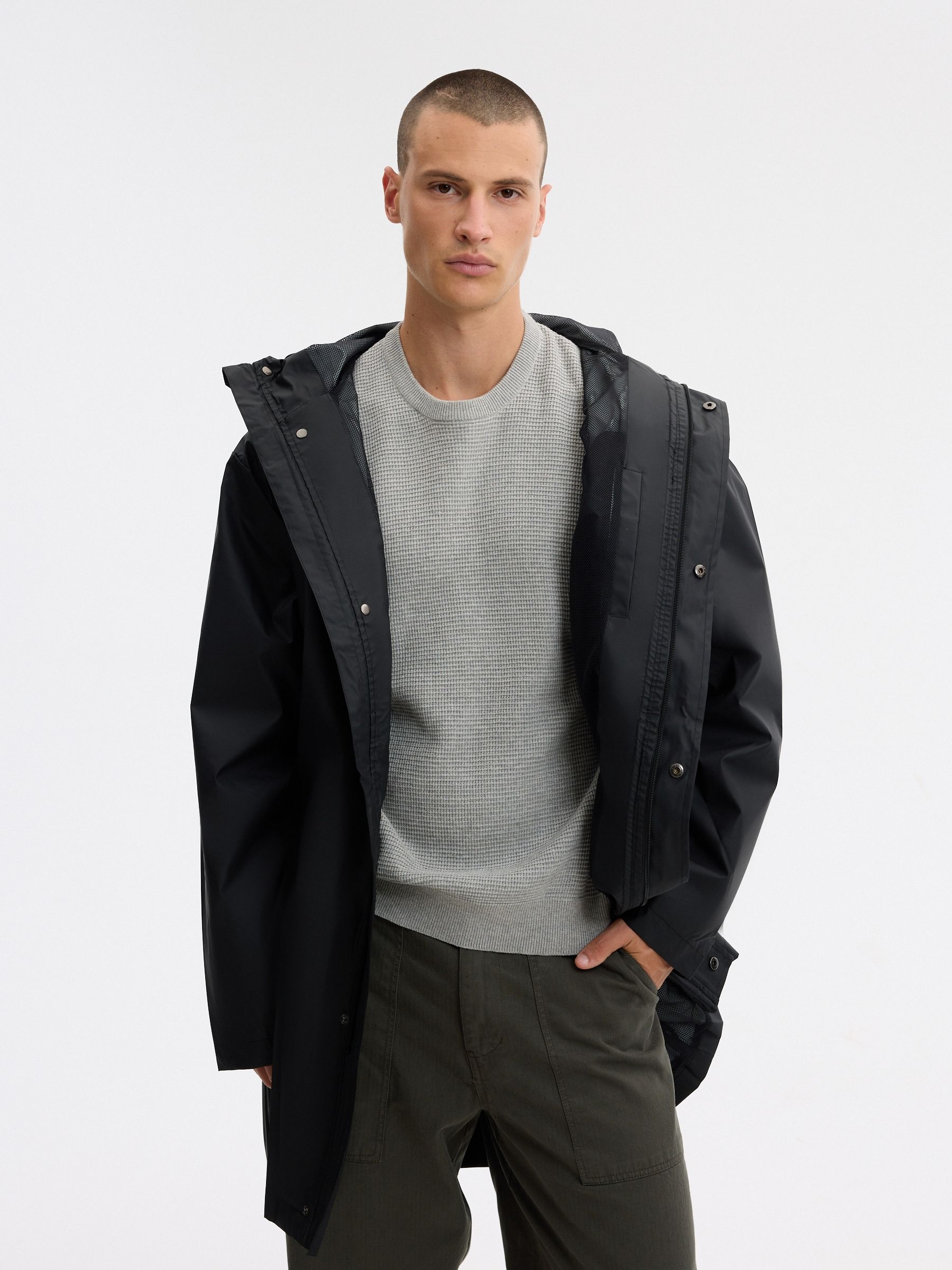 Rubberized fabric parka black middle front view