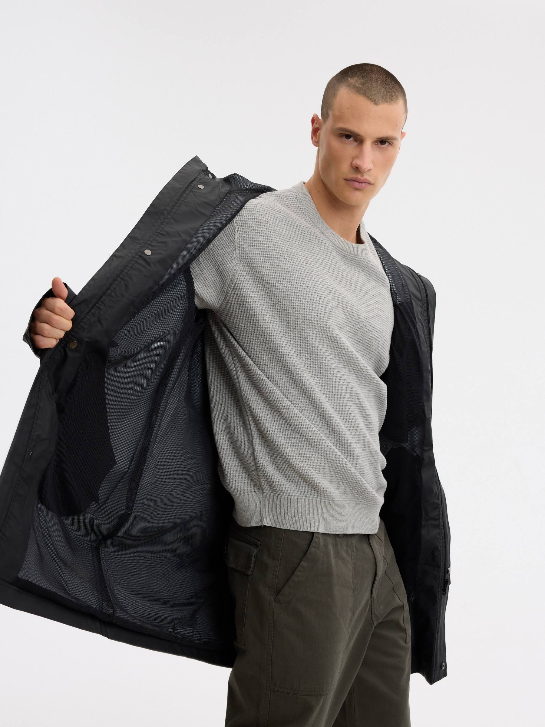 Rubberized fabric parka black middle front view