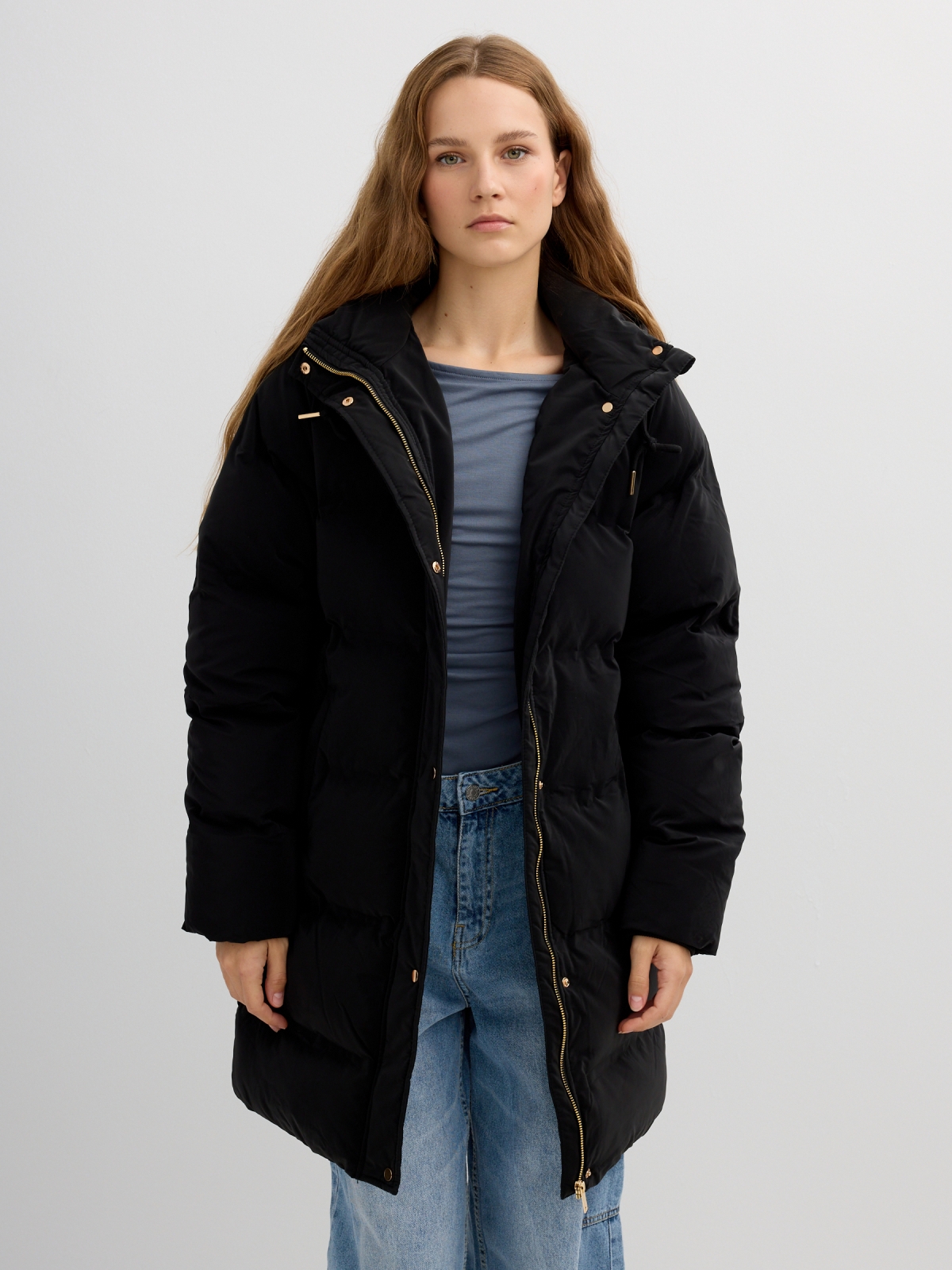 Quilted hooded anorak black middle front view
