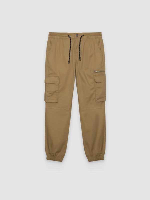  Calças jogger com vários bolsos bege vista frontal