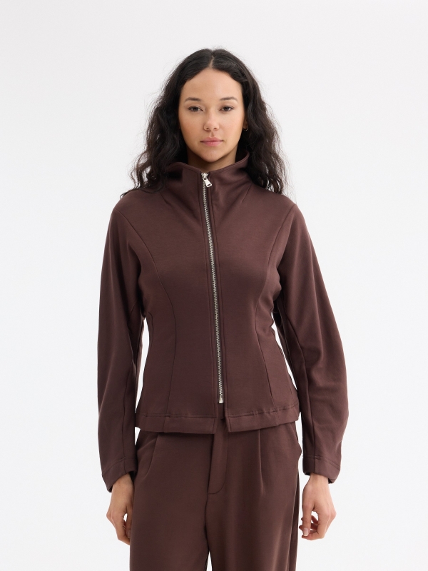 Slim jacket with raised collar chocolate middle front view