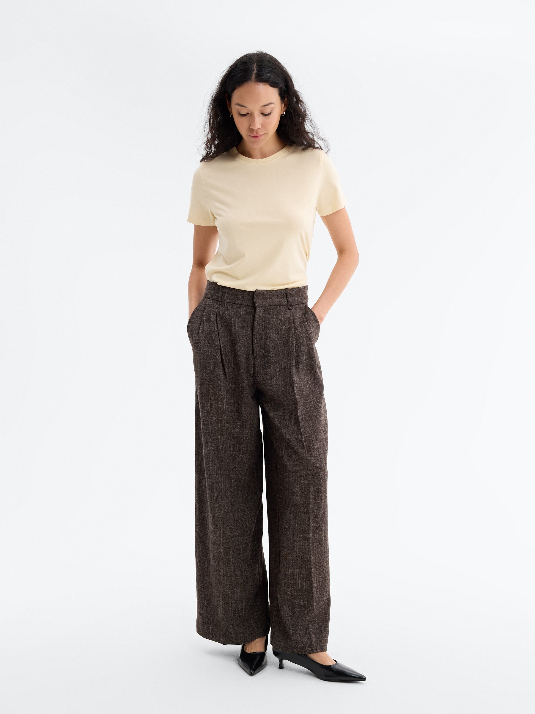 Wide jacquard tailored trousers dark brown front view