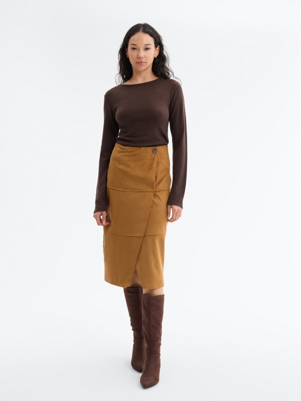 Fitted suede midi skirt ochre middle front view