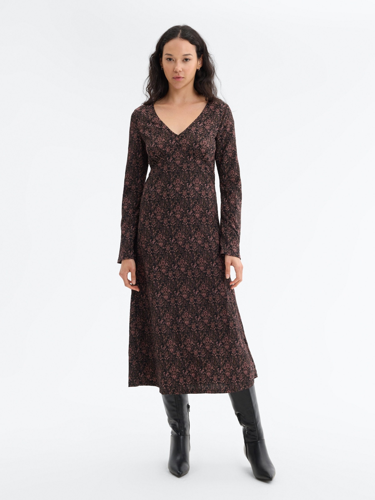 Vestido midi flores textura negro vista media frontal