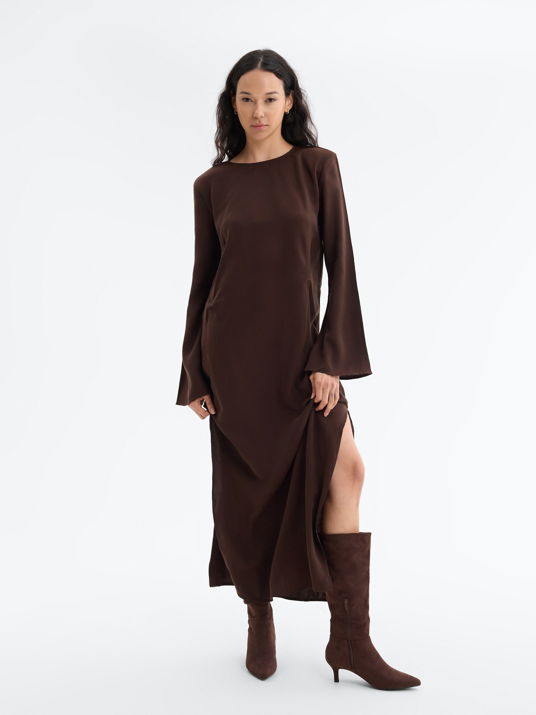 Ruched midi dress with shoulder pads chocolate middle front view