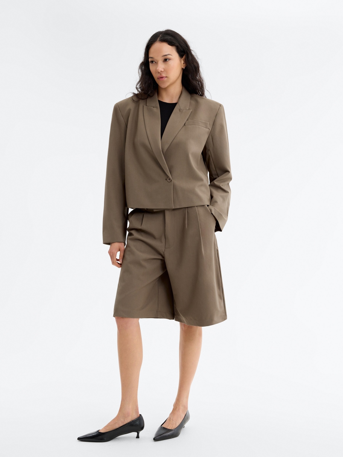 Plain cropped blazer with buttons taupe middle front view