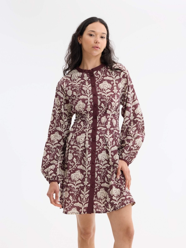 Vestido midi bordado manga larga berenjena vista media frontal