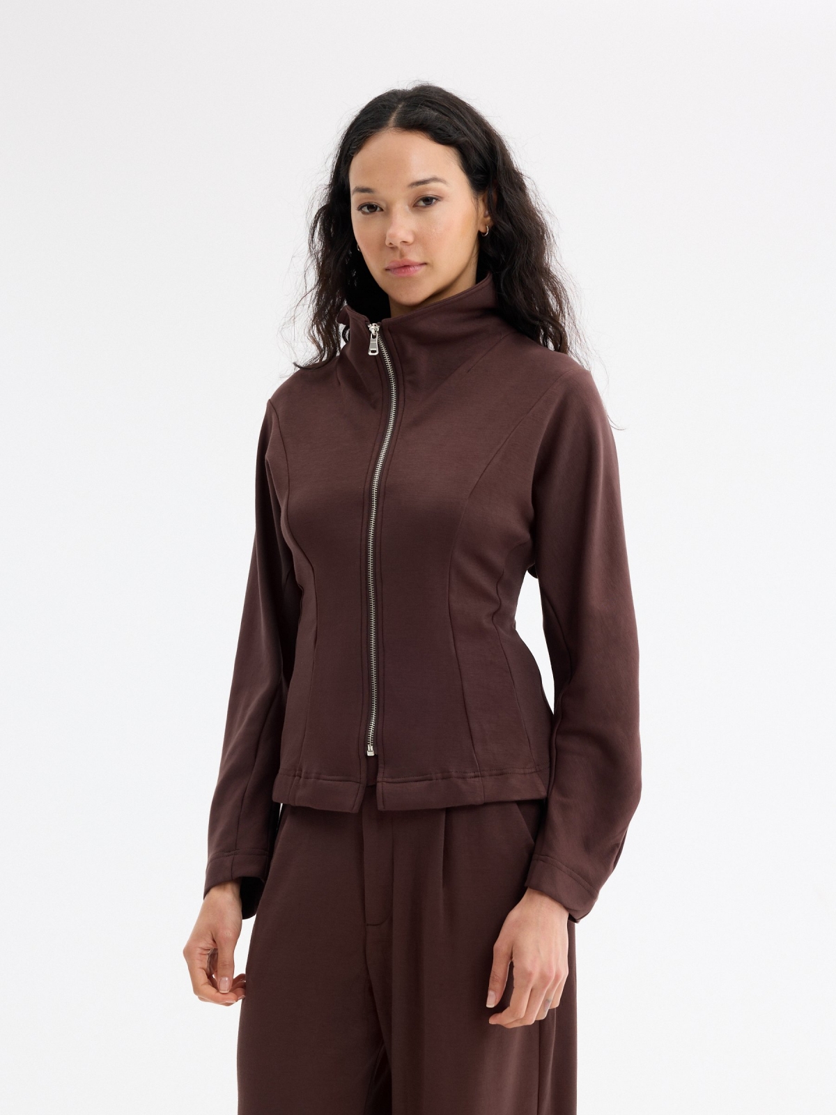 Slim jacket with raised collar chocolate detail view