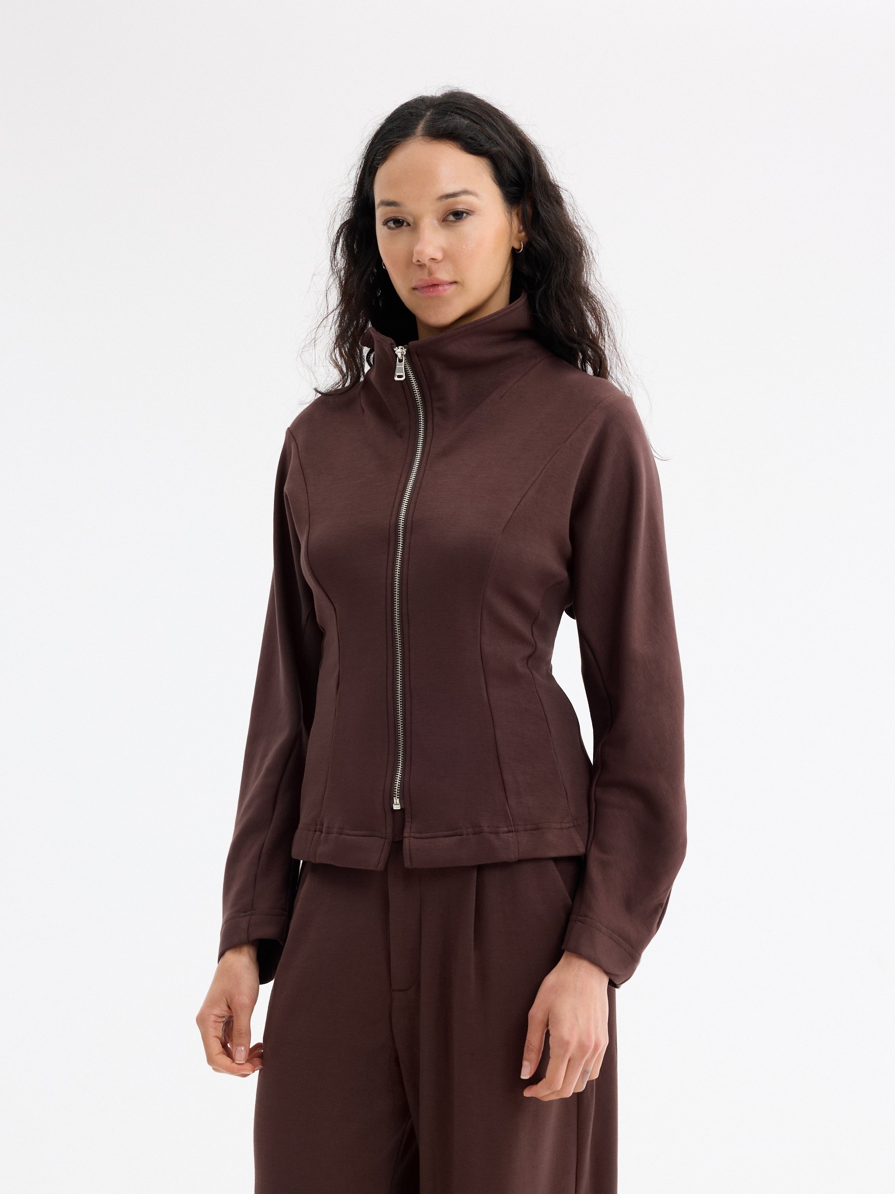 Slim jacket with raised collar chocolate middle front view