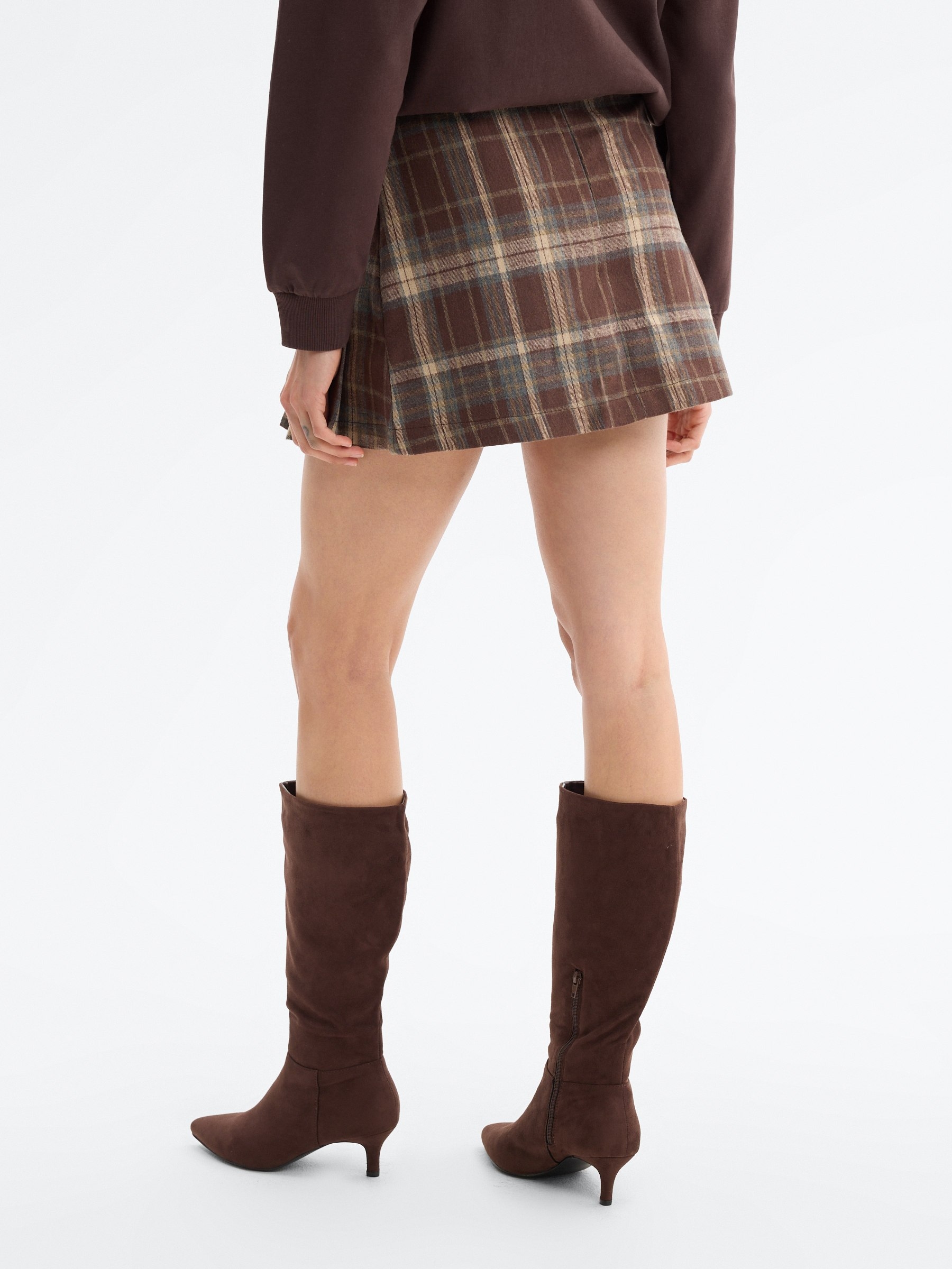 Pleated plaid skort brown middle front view