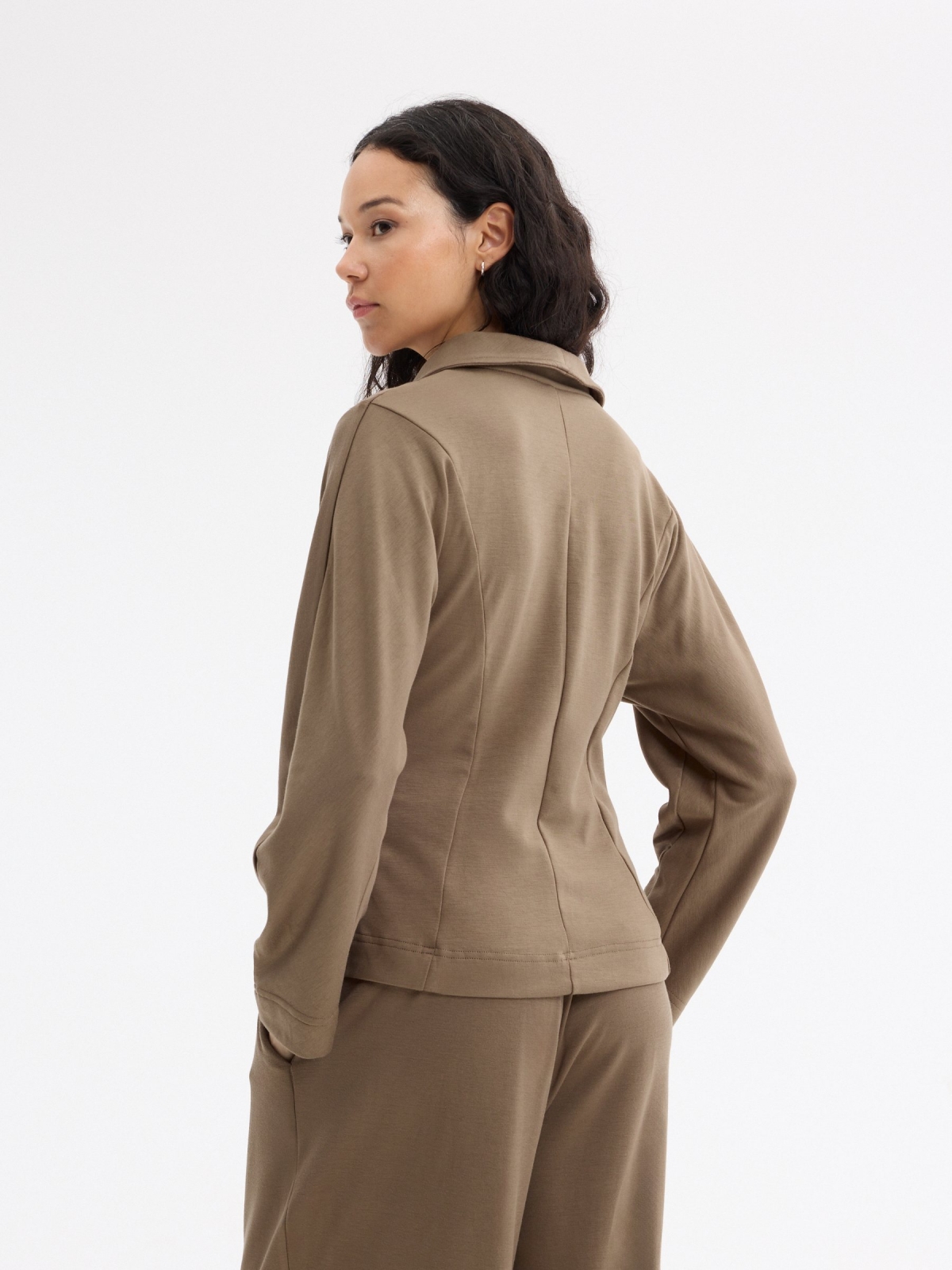 Slim jacket with raised collar taupe middle back view