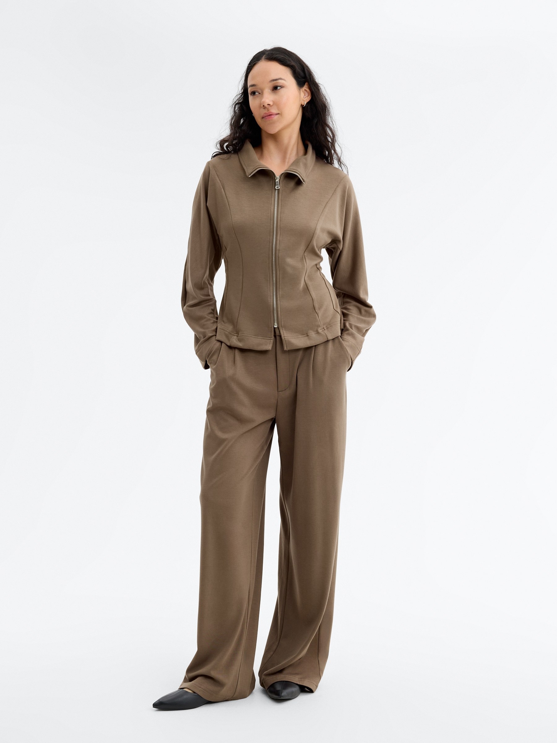 Slim jacket with raised collar taupe middle front view
