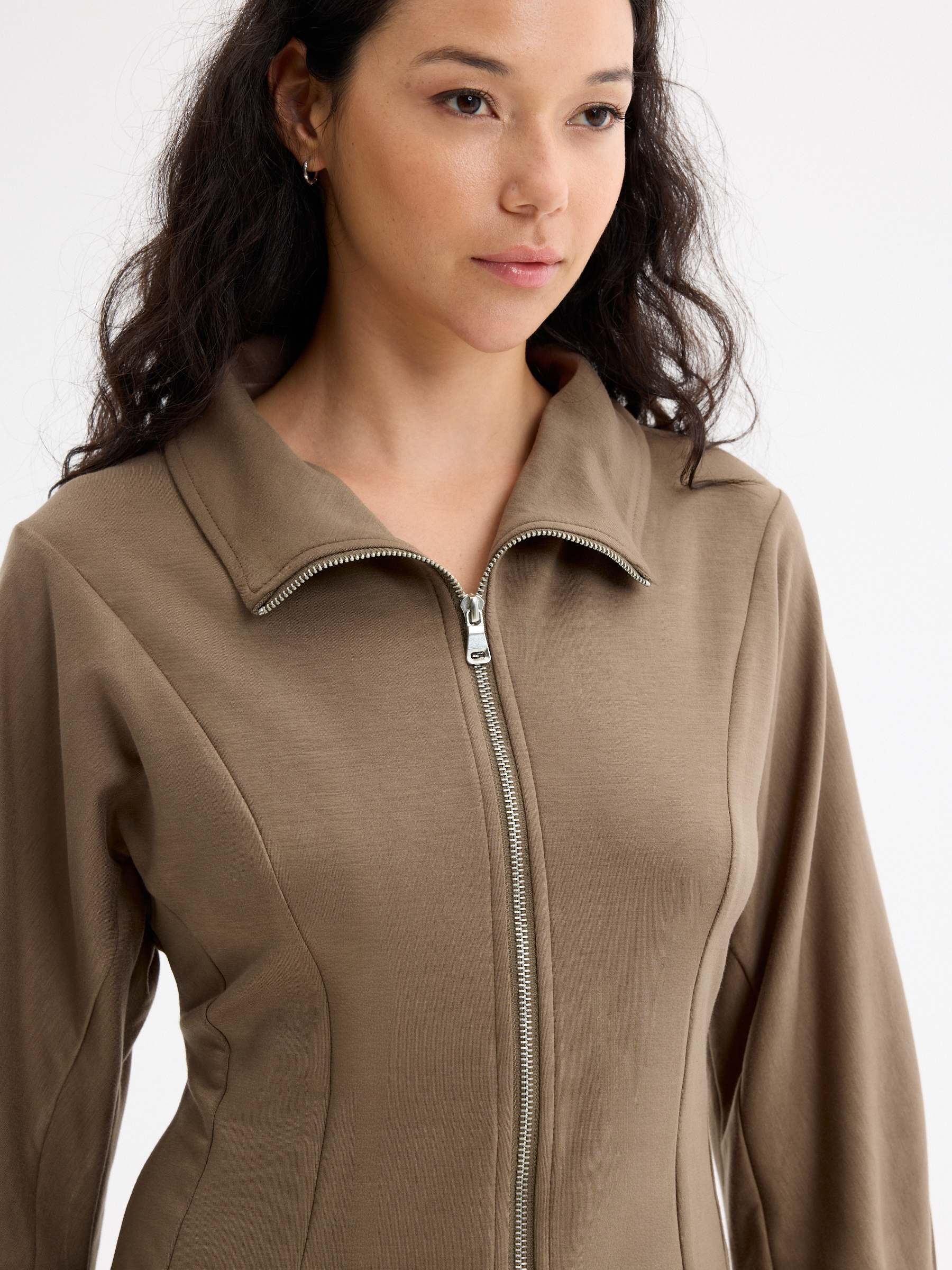 Slim jacket with raised collar taupe middle front view