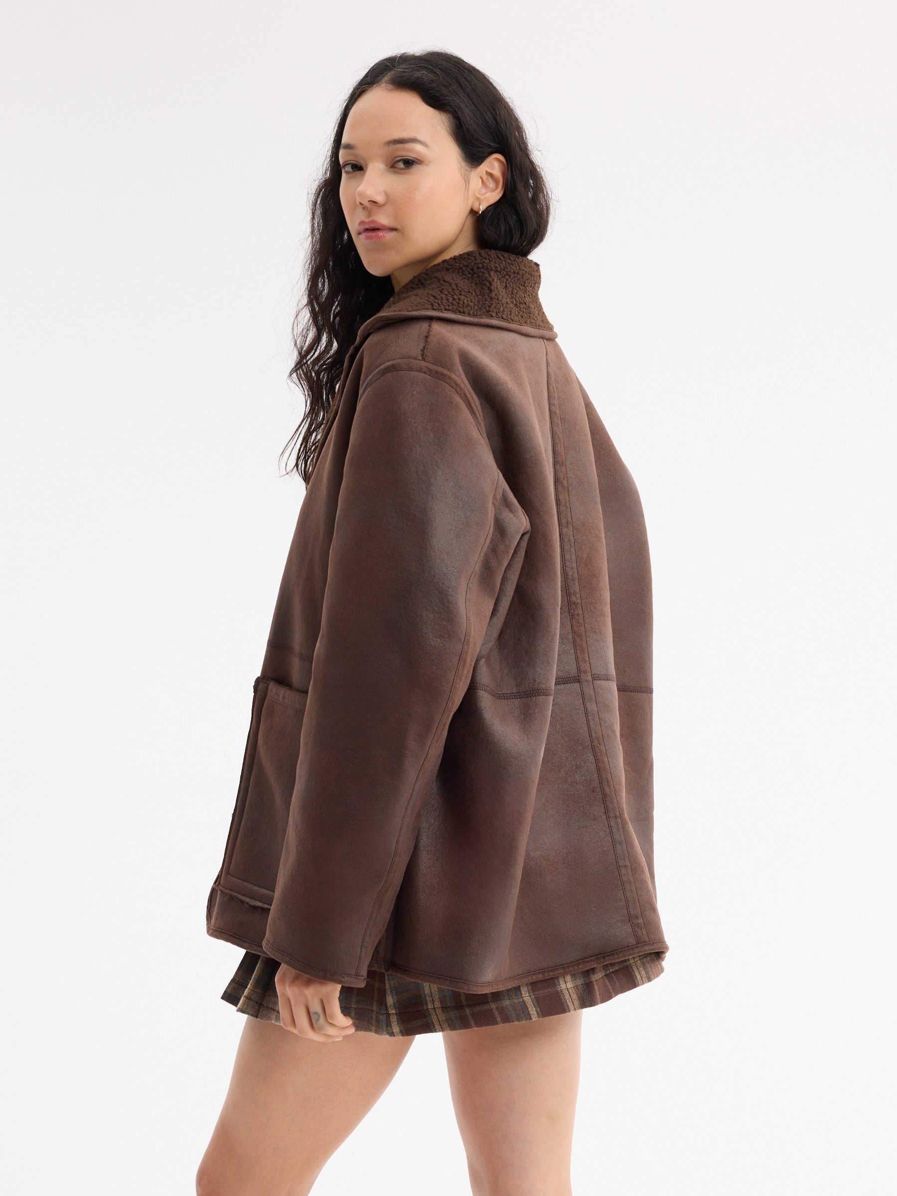 Oversized suede bomber jacket dark brown middle front view