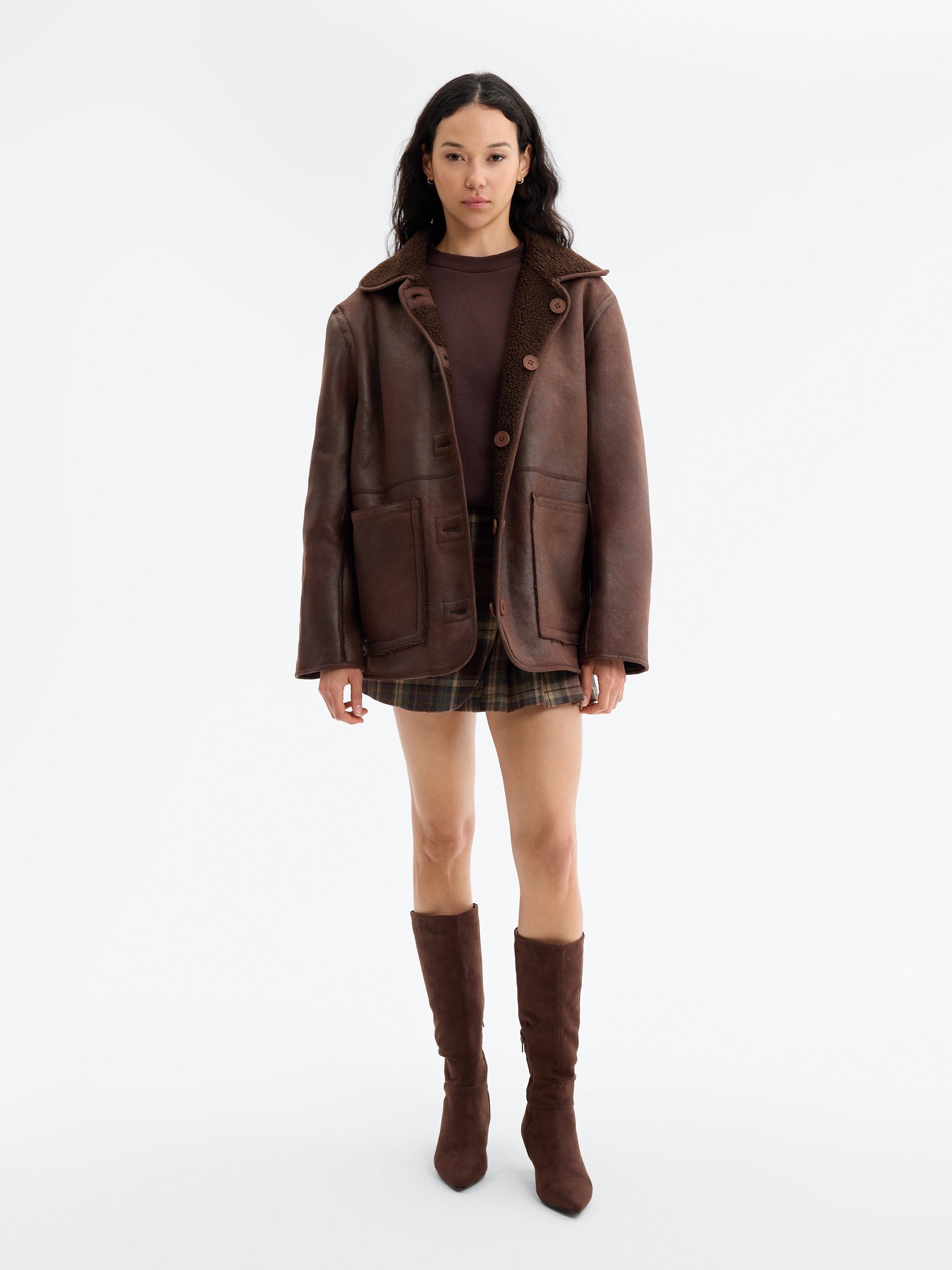 Oversized suede bomber jacket dark brown middle front view