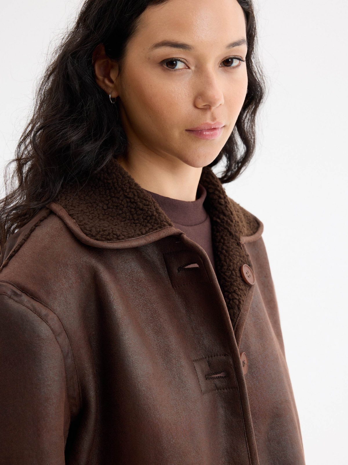 Oversized suede bomber jacket dark brown detail view