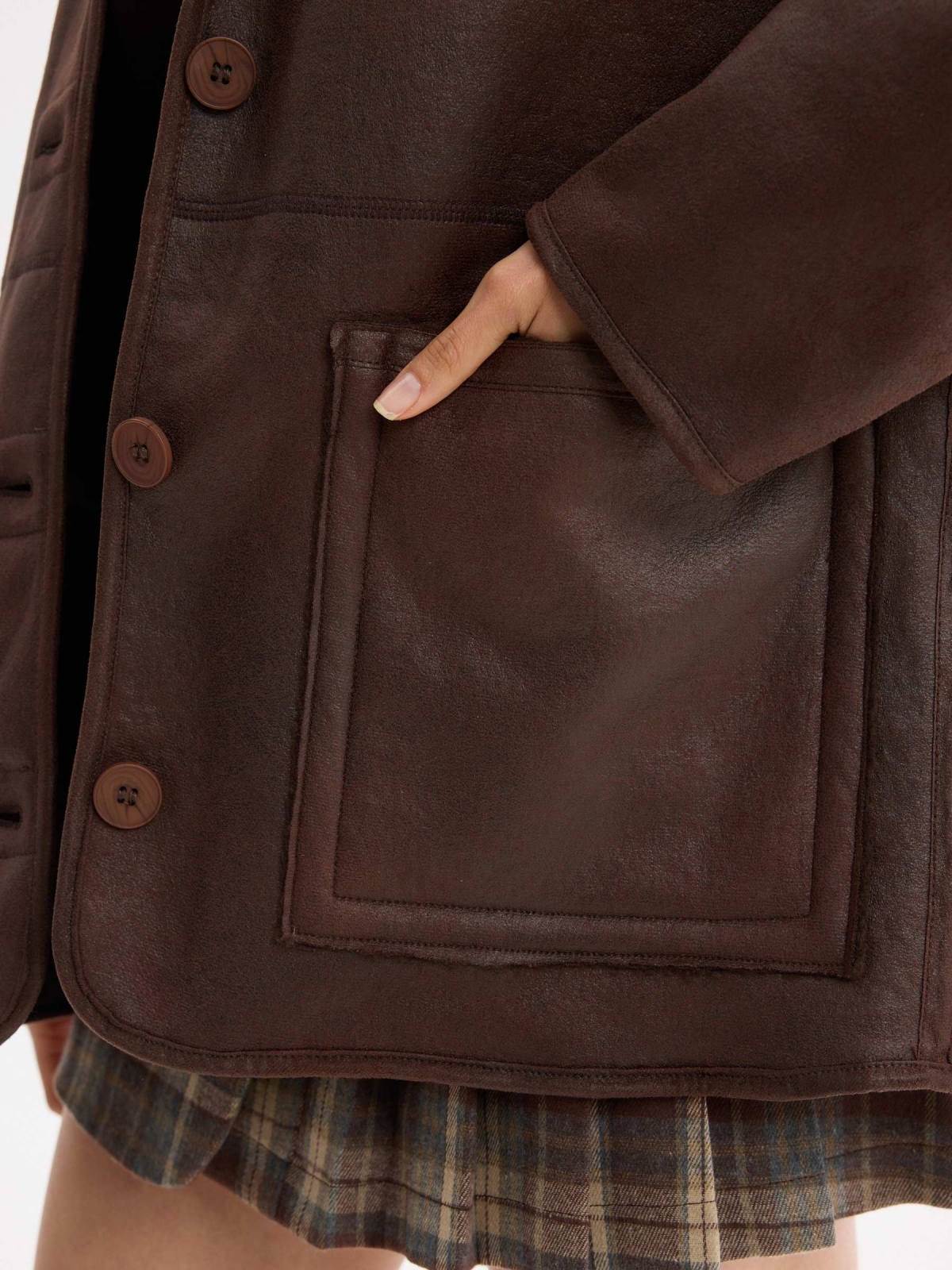 Oversized suede bomber jacket dark brown detail view