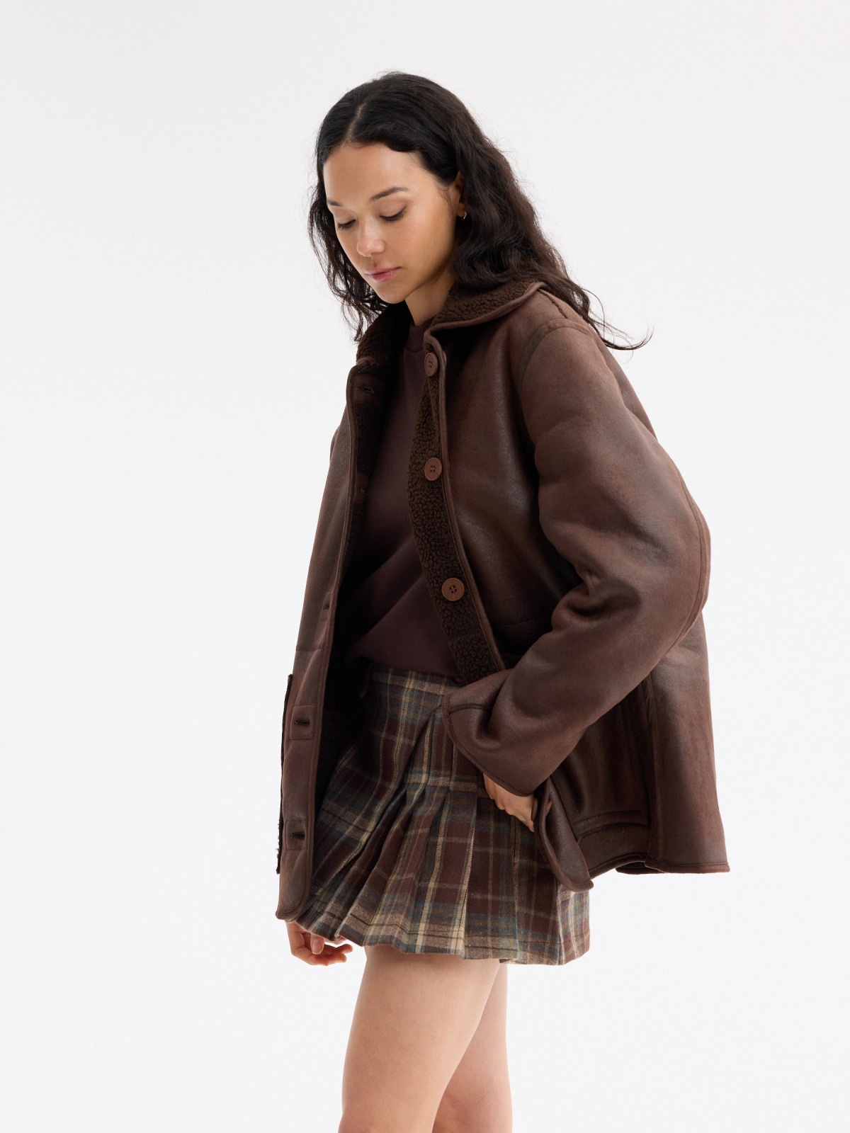 %Pto% Oversized suede bomber jacket dark brown front view