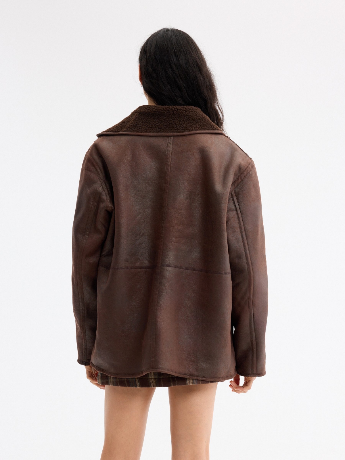 Oversized suede bomber jacket dark brown detail view