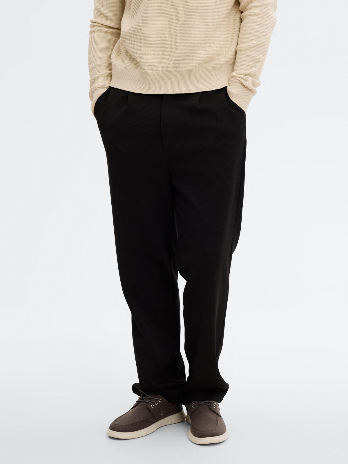 High-waisted polyester chino pants black middle front view