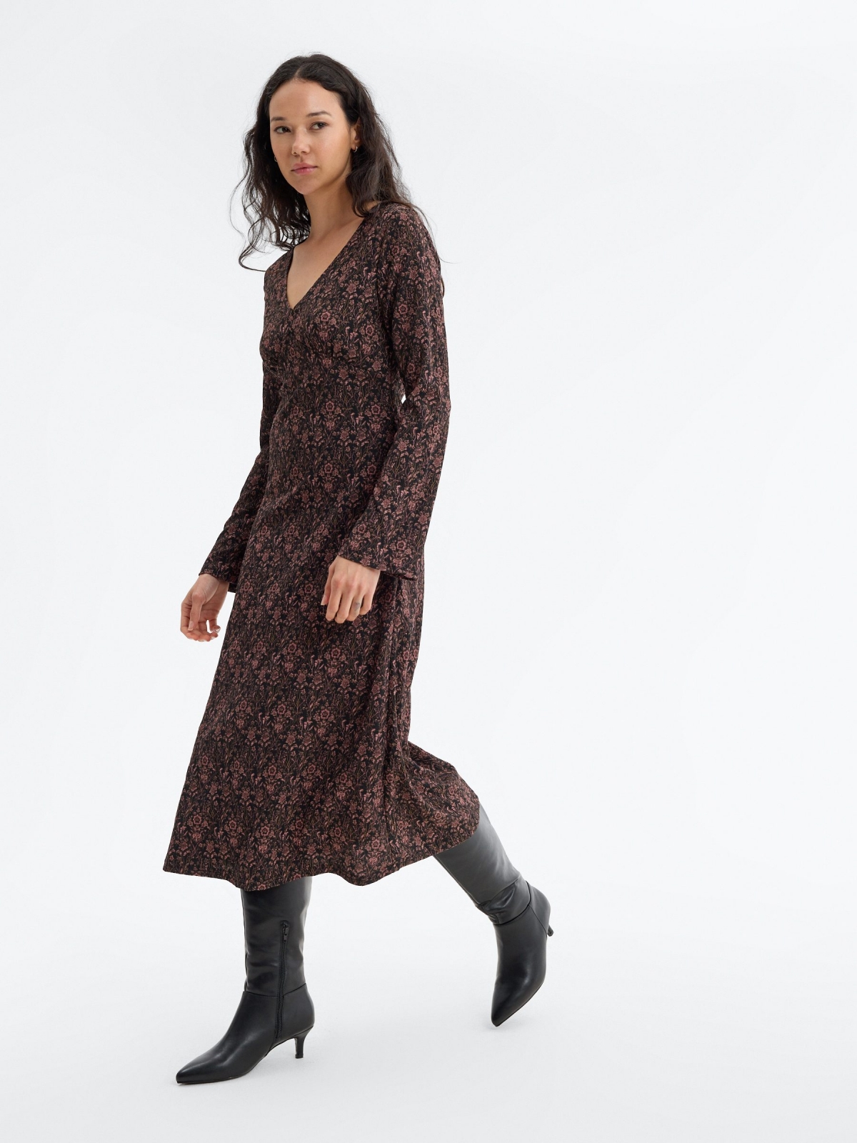 Midi floral textured dress black front view