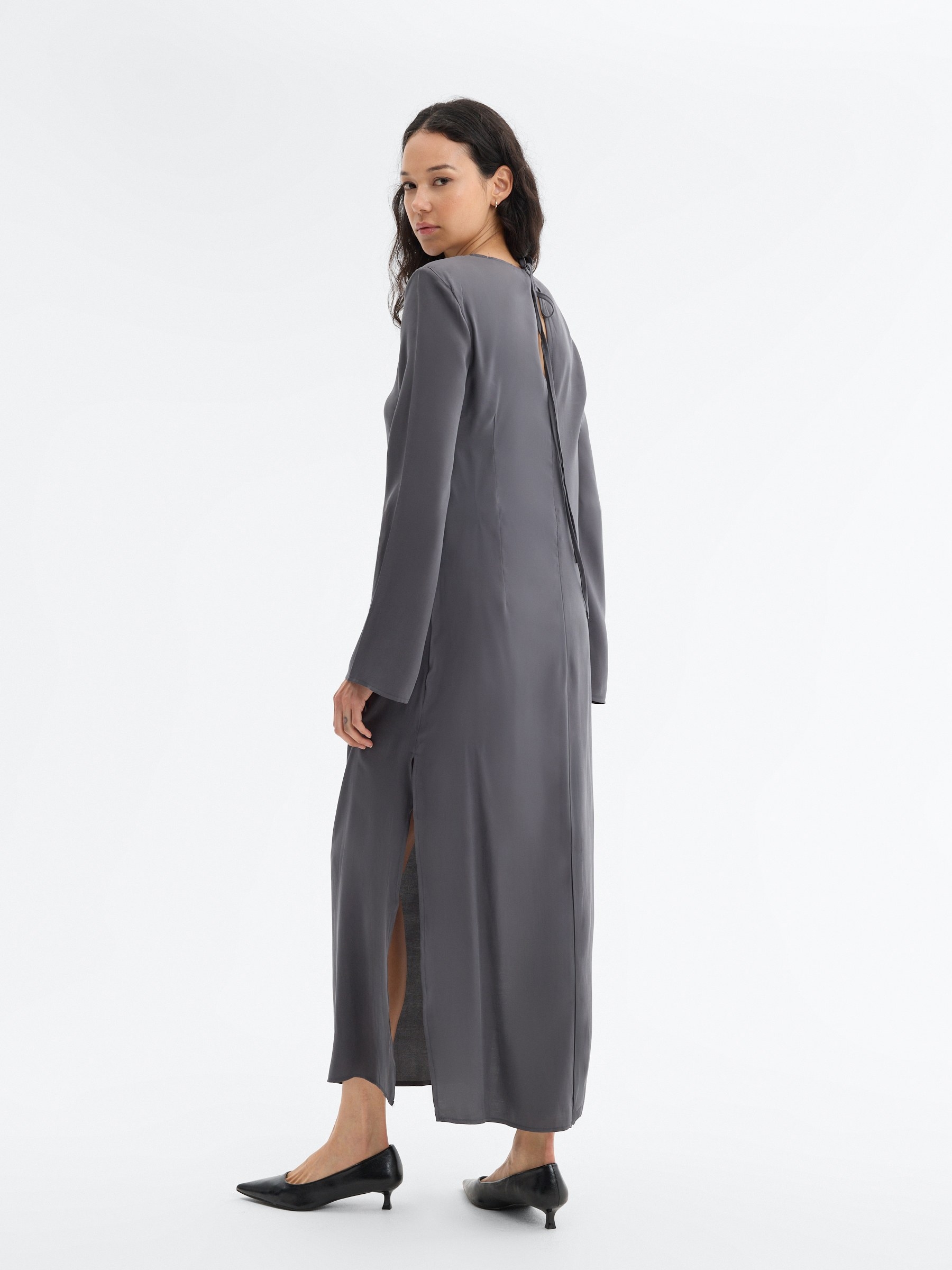 Ruched midi dress with shoulder pads dark grey middle front view