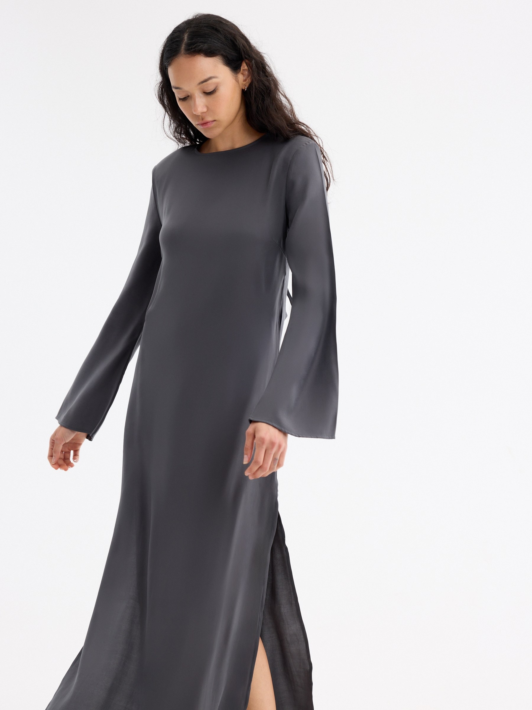 Ruched midi dress with shoulder pads dark grey middle front view