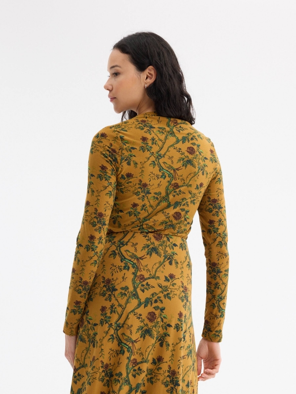 Floral ruched mock-neck top camel middle back view