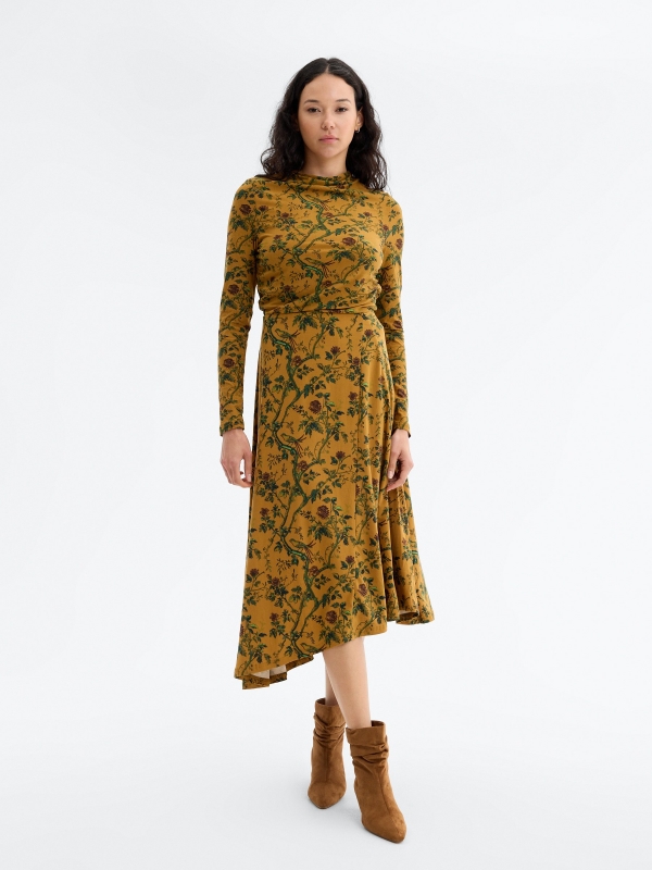 Floral ruched mock-neck top camel front view