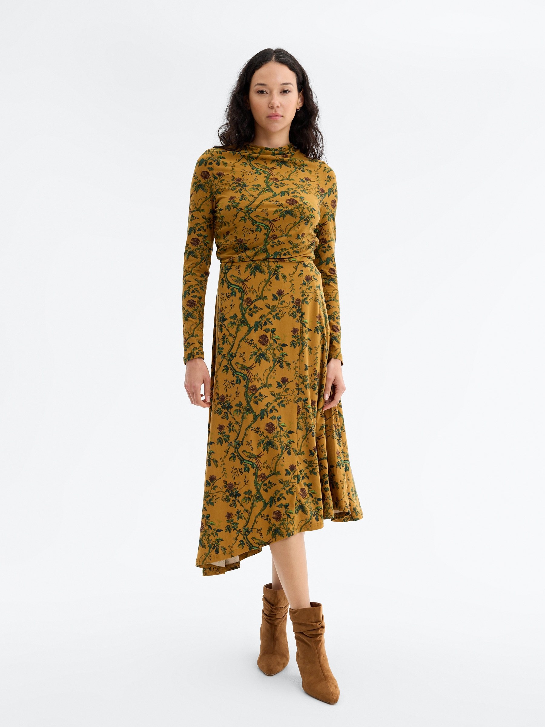 Floral ruched mock-neck top camel middle front view