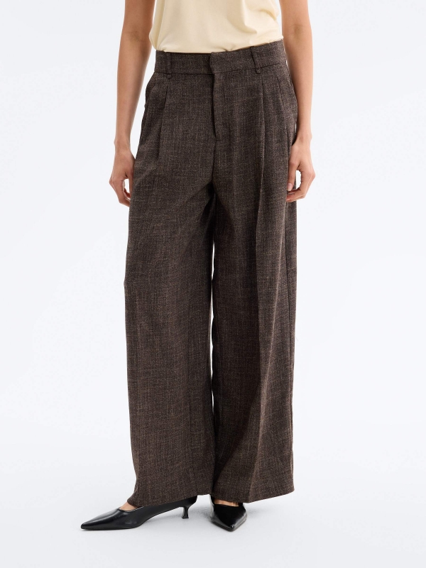 Wide jacquard tailored trousers dark brown middle front view
