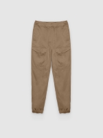 %Pto% High-waisted slim jogger cargo pants khaki front view